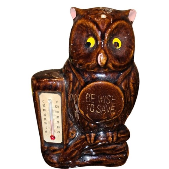 Vintage Ceramic Owl Coin Bank Brown With Thermometer "Be Wise To Save" Design 5" - Picture 4 of 9